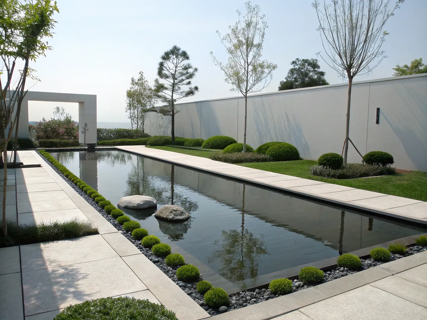 Minimalistisk trädgårdsdesign med vattenspegel
