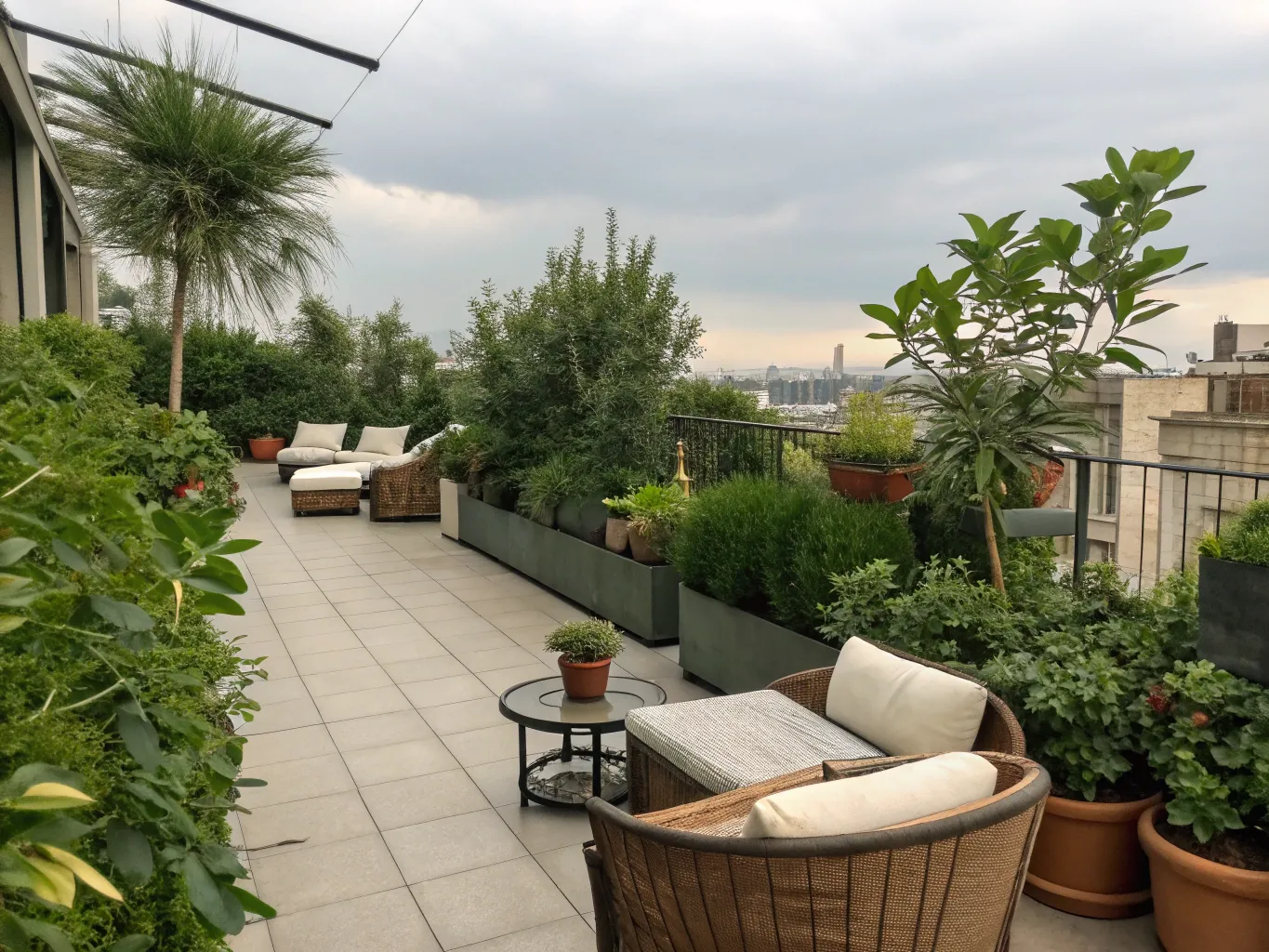 Takterrass med grönskande växter och sittplatser