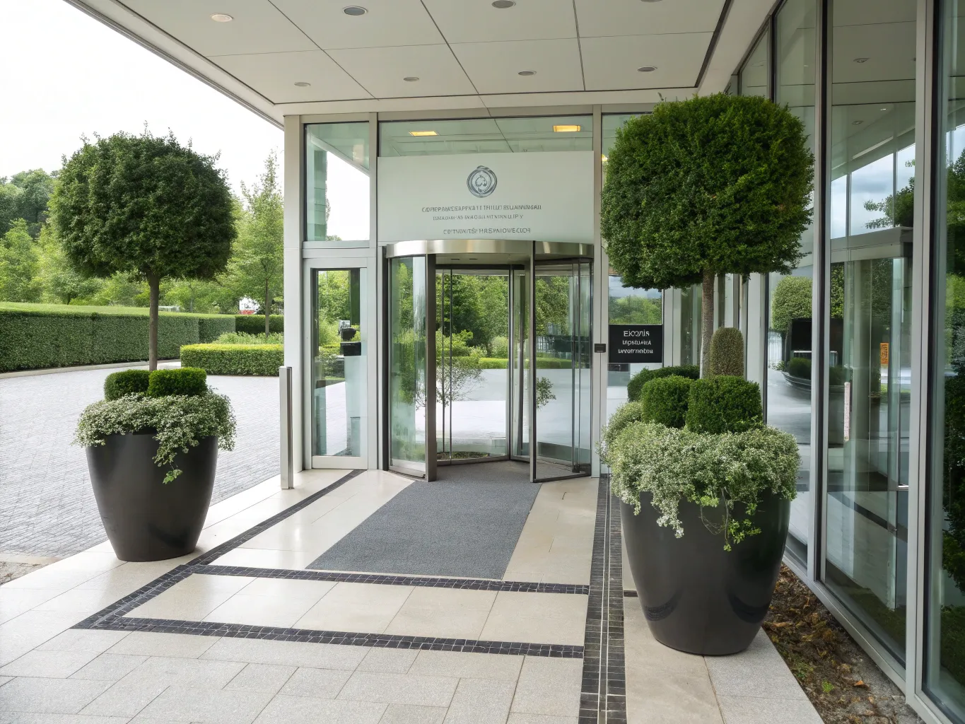 Företagsentré med prydnadsväxter och modern design