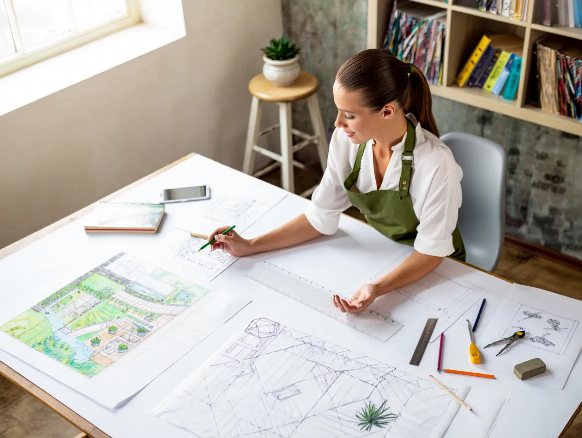 Designer som arbetar med en trädgårdsplan