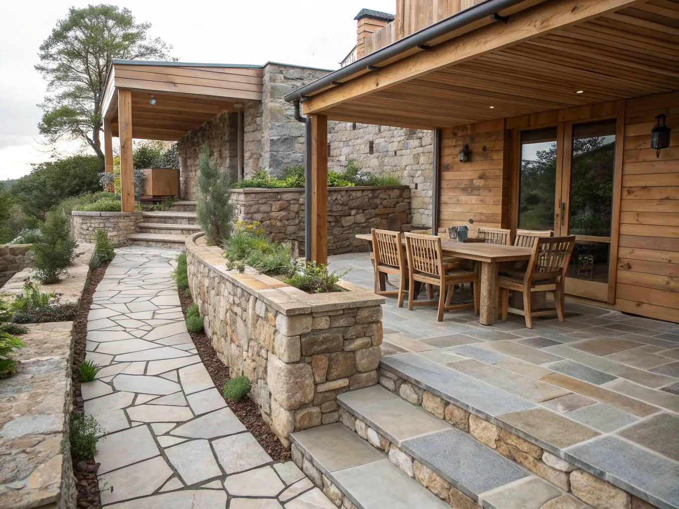 Design av terrass med stenmaterial och träelement